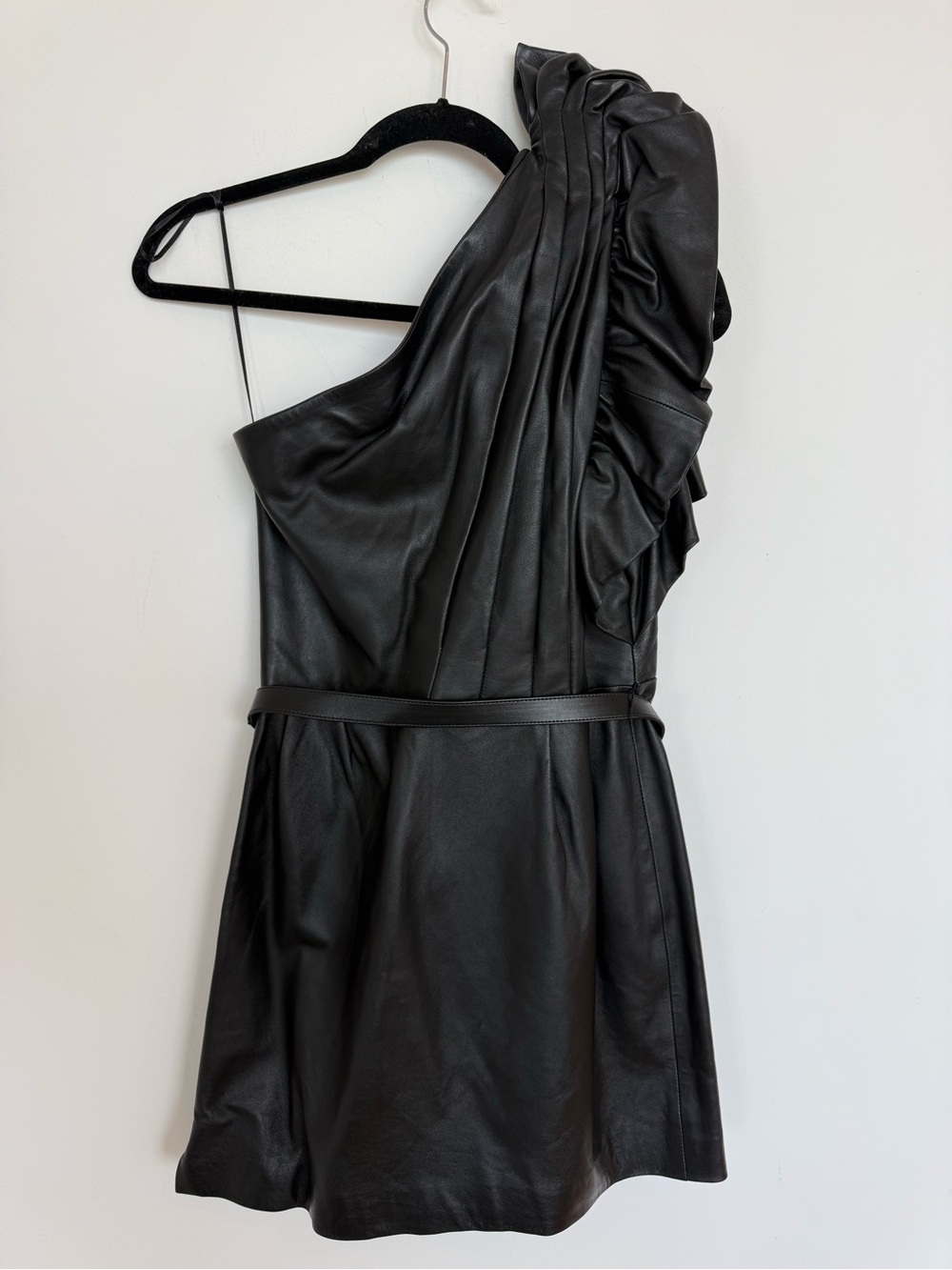 Nour Hammour One-Shoulder Black Leather Ruffle Mini Dress Size Fr 36/US Small - Picture 9 of 11